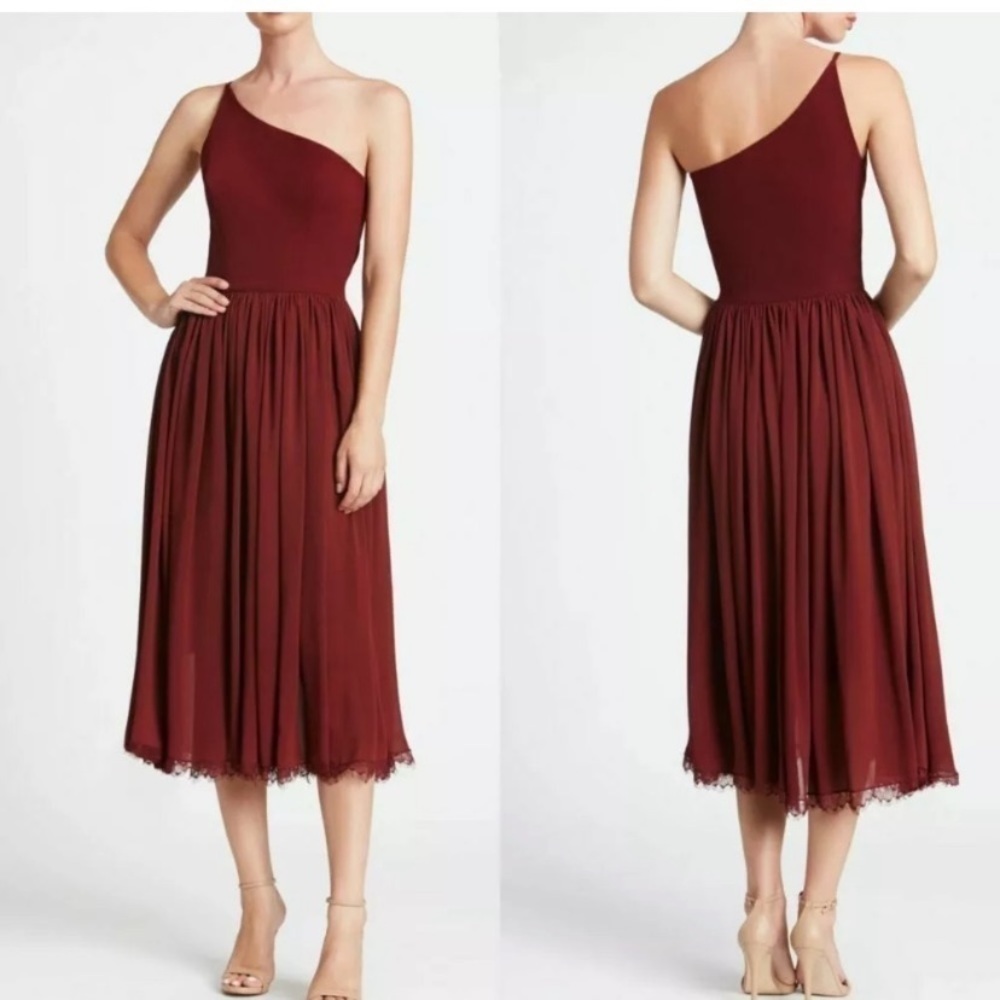 DRESS the population Burgundy Red One Shoulder bridesmaid midi dress size Small